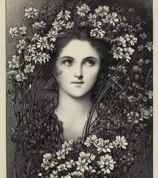 Image similar to black and white, portrait of a woman eyes in flowers, Gustave Dore lithography