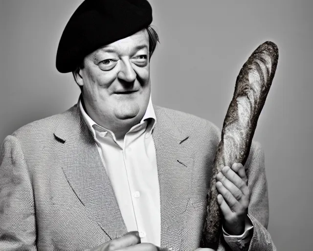 Prompt: stephen fry dressed like a stereotypical frenchman wearing a beret and holding a baguette, 8 5 mm f / 2. 4, photograph