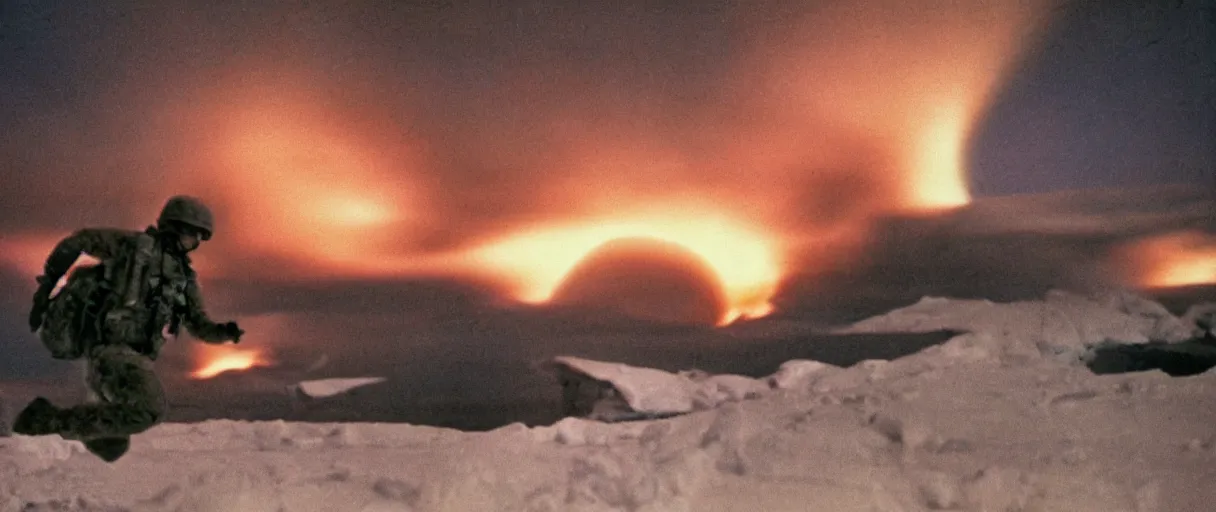 Image similar to a high quality color creepy atmospheric dimly lit extreme closeup film 3 5 mm depth of field photograph of a us soldier frantically running away from a huge explosion in mcmurdoch station in antarctica in 1 9 8 2 with the aurora borealis in the sky at night