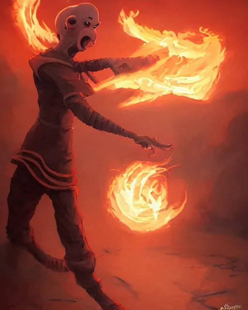 Image similar to tentacled squidward wearing fire nation clothing and practicing firebending outside at susnset, [ greg rutkowski ]