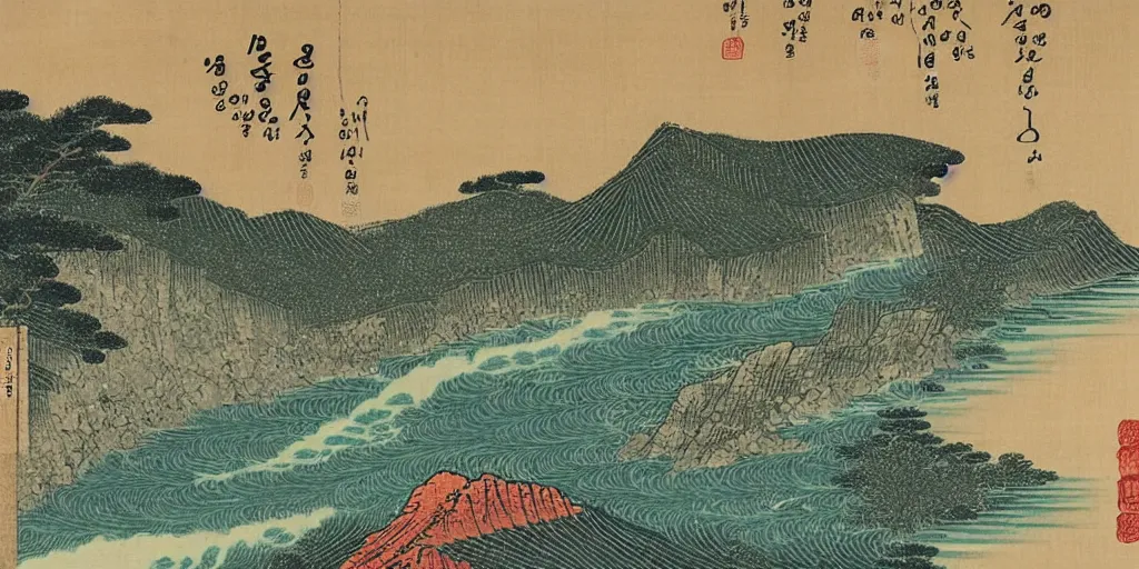 Image similar to A Korean woodblock print of mountains, two waterfalls and a roaring river