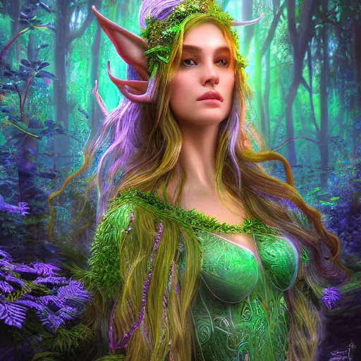 Image similar to Photorealistic elven goddess of the majestic Sprite forest. Hyperdetailed photorealism, 108 megapixels, amazing depth, glowing rich colors, powerful imagery, psychedelic Overtones, 3D finalrender, 3d shading, cinematic lighting, artstation concept art