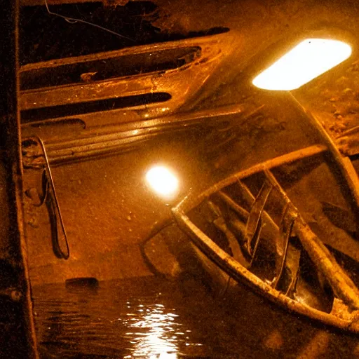 Image similar to the interior of a flooded rusty shipwreck, dark, scary lighting, scary, creepy, eerie, horror, submechanophobia, murky water, photo,
