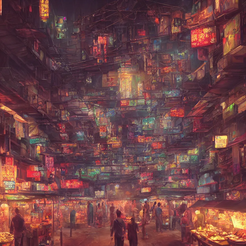 Prompt: A beautiful hyper realistic detailed matte painting of an alleyway night market with dimmed neon lighting , trending on artstation, artstationHD, artstationHQ, unreal engine