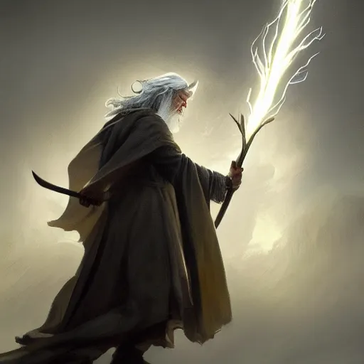 Image similar to gandalf casts a lightningbolt, dramatic lighting, chiaroscuro, high detail, painted by greg rutkowski, painted by igor kieryluk, painted by bobby chiu, trending on artstation