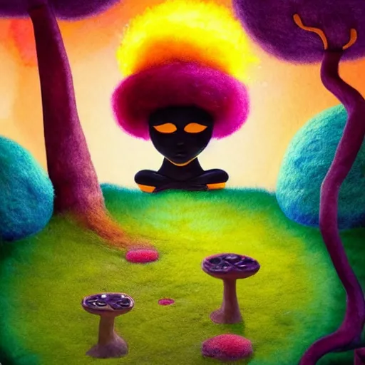 Image similar to a black girl with a colorful afro and big colorful eyes meditating in an african zen garden with a baobab tree at sunset, bright colours, bokeh!!, watercolor, volumetric wool felting, macro photography, children illustration, by goro fujita