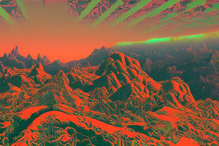 Image similar to beautiful rendered in zbrush ancient painting of a scenic mountain range surrounded by holographic Myrtle squares, retro tech, vaporwave, neon colors, by Jean Giraud and Zdzisław Beksiński and Chesley Bonestell and James Gurney, Mc Escher,