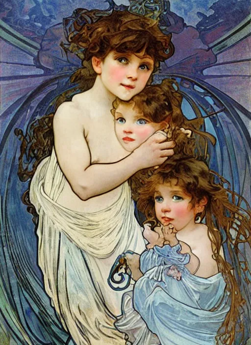 Image similar to a cute little girl with curly brown hair and blue eyes holds a blue baby dragon, beautiful painting by alphonse mucha.