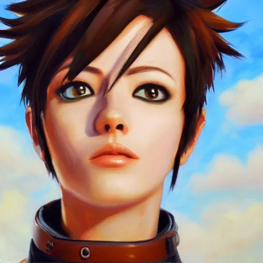 Image similar to oil painting of tracer overwatch in a field wearing very large black leather belt choker collar around neck, in style of mark arian, expressive face, very detailed face, very detailed eyes, belt around neck, full body, feminine face, tracer overwatch,