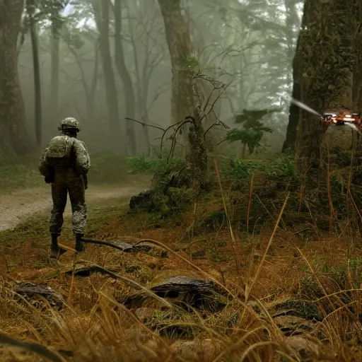 Prompt: drone footage of soldier and arachnoid from starship troopers movie on the old road in the forest lomography photo, playstation 5 screenshot, fine details, rain, rtx reflections, fog, night, photorealistic, unreal engine, octane render, volumetric light, featured on cg society, 4 k, 5 0 mm bokeh