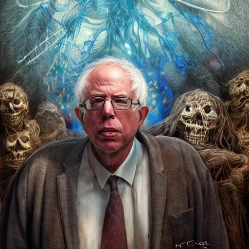 Image similar to hyperrealistic mixed media painting of Bernie Sanders as a Witch Doctor, stunning 3d render inspired art by P. Craig Russell and Barry Windsor-Smith, 8k octane beautifully detailed render, post-processing, extremely hyperdetailed, intricate, epic composition, grim yet sparkling atmosphere, cinematic lighting + masterpiece, trending on artstation, very detailed, masterpiece, stunning