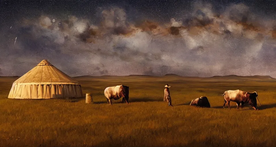 Image similar to deep night, stars shining, a yurt, a bull, in the steppe, summer field, from the game pathologic 2, highly detailed, sharp focus, matte painting, by isaac levitan and asher brown durand,