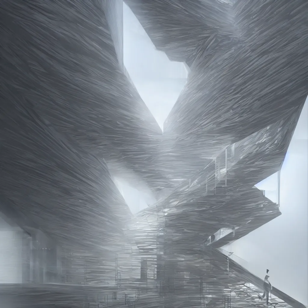 Image similar to a stair tower of light made out of wood, volumetric light, mist, designed by zaha hadid, concept art