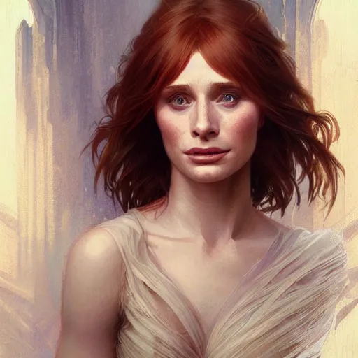 Image similar to beautiful natural Bryce Dallas Howard, intricate, elegant, highly detailed, digital painting, artstation, concept art, smooth, sharp focus, illustration, art by artgerm and greg rutkowski and alphonse mucha and loish and WLOP