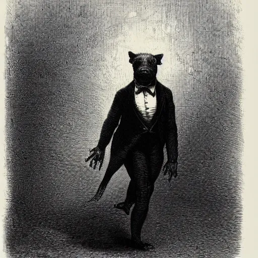 Image similar to a pig walking on two legs, creepy atmosphere, dressed in a tuxedo, dark, close-up, realistic, very realistic, illustration by Gustave Doré