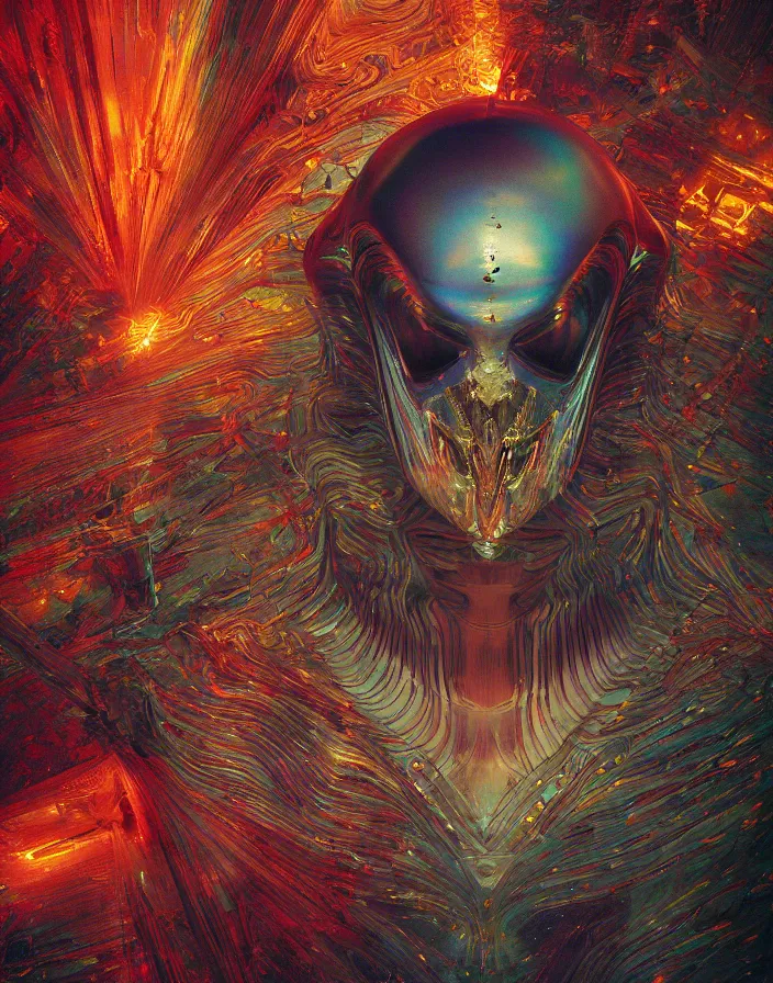 Image similar to dichroic. iridescent. dhorizontally symmetrical. coherent. symmetry. absolutely centered. centered composition. symmetrical biomechanical, mask of a demon space by Roberto Ferri. death and hell hellraiser by Tooth Wu and wlop and beeple and dan mumford and greg rutkowski. halo. octane render, cinematic, hyper realism, octane render, 8k, depth of field, bokeh, hard surface modelling, flowers,. iridescent accents