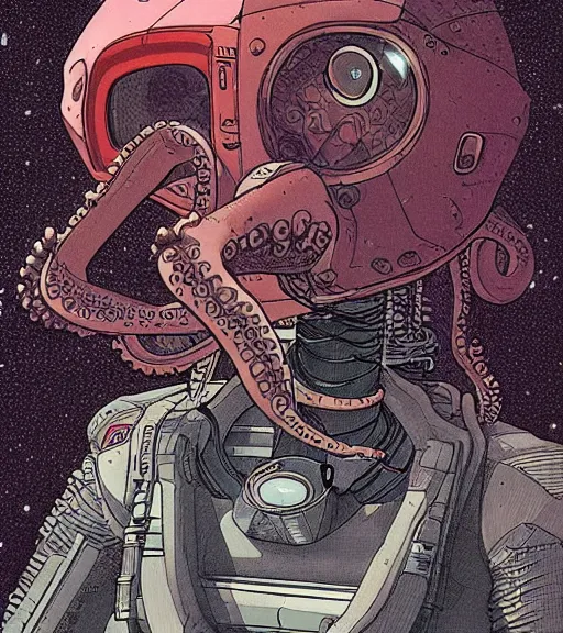 Image similar to a cybernetic realistic octopus in a space station, techwear, Industrial Scifi, detailed illustration, character portrait, by Martin Grip and Moebius