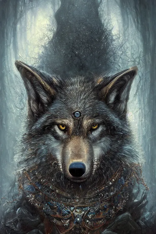 Prompt: very complex hyper-maximalist overdetailed cinematic darkfantasy portrait of a beautiful wolf by andrei riabovitchev, tomasz alen kopera, oleksandra shchaslyva. Omnious intricate, octane, Deviantart, hyper detailed illustration, 8k