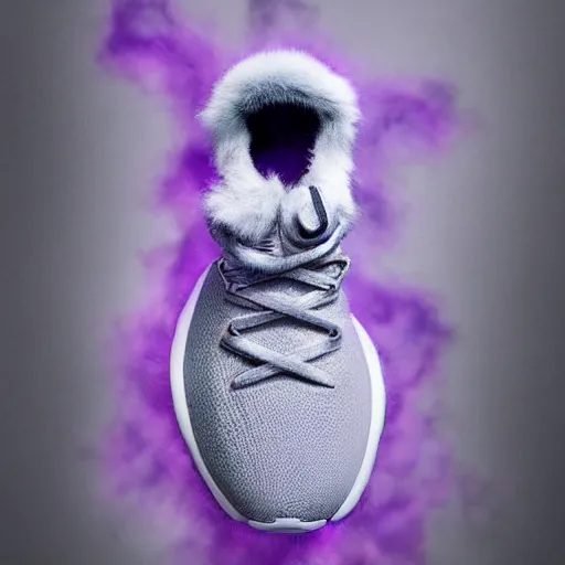 Image similar to futuristic nike shoe made of very fluffy purple faux fur placed on reflective surface, professional advertising, overhead lighting, heavy detail, realistic by nate vanhook, mark miner