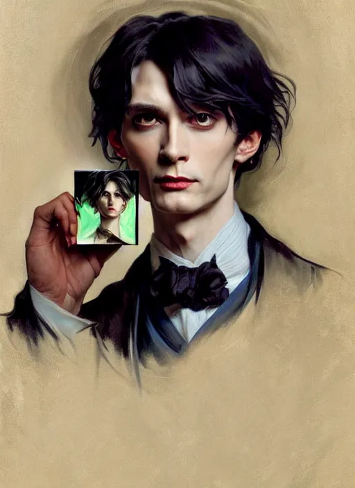 Image similar to a painter holding a portrait painting of dorian gray, digital painting, artstation, concept art, smooth, sharp focus, illustration, art by artgerm and greg rutkowski and alphonse mucha