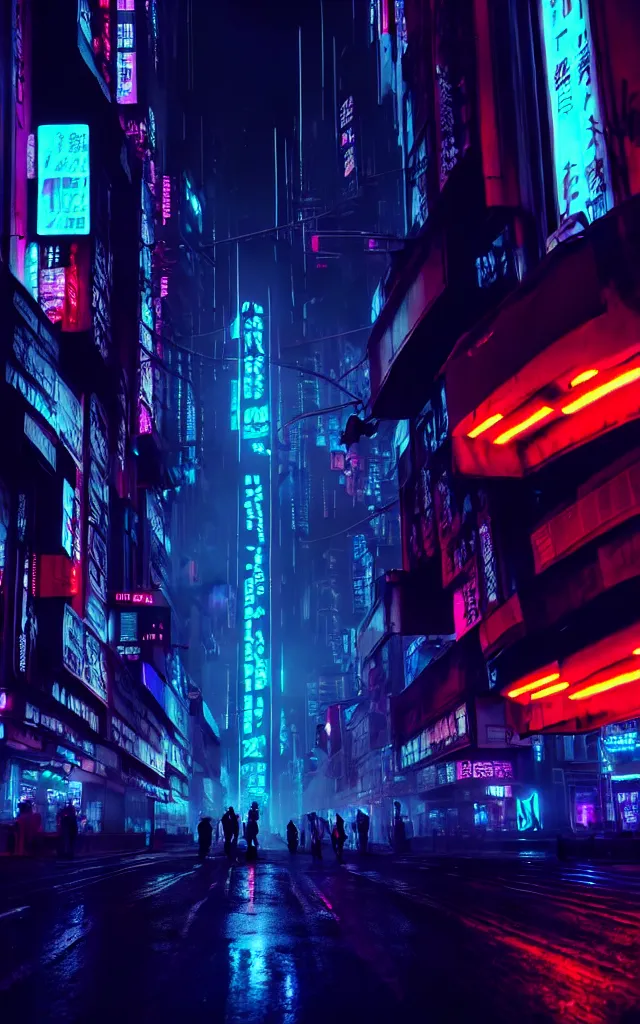 Prompt: concept art of a magnificent dark neon futuristic cyberpunk city bustling street at night cyberart by liam wong in the film akira rendered in octane, 3 d render, trending on cgsociety, blender 3 d
