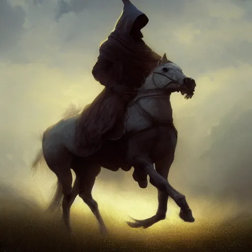 Image similar to cinematic shot epic portrait an hooded man riding a horse in middle of wheat fields, sunny, cloudy, broad light, ambient occlusion, volumetric light effect, made by ivan aivazovsky, peter mohrbacher, greg rutkowski, matte painting, trending on artstation, 4 k, perfectly defined features, digital painting, cinematic, epic, highly detailed,