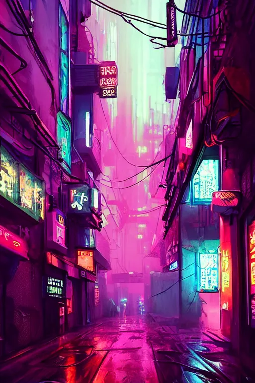 Image similar to street view of a cyberpunk alley, in the style of Blade Runner, rainy weather, neon lighting, vaporwave, retro wave, synthwave, highly detailed, digital painting, concept art, illustration, artstation, Roger Deakin's cinematography, Liam Wong, photo-realistic, 8k