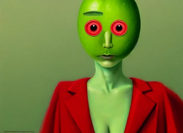 Prompt: a digital painting of a beautiful anthropomorphic humanoid green apple wearing a red dress, by netter and René Magritte, style from greg rutkowski, googly eyes, full frame, oil painting, featured on artstation, concept art, smooth, sharp focus, illustration, very detailed, ambient lighting, unreal engine render, concept art by