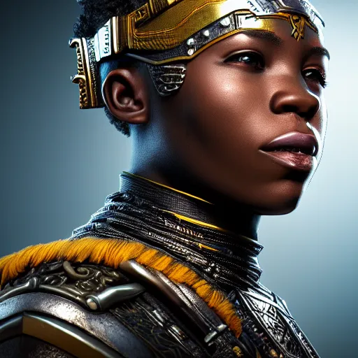 Image similar to wakandan warrior in steampunk armor, closeup portrait shot, highly detailed, photorealistic portrait, bright studio setting, studio lighting, crisp quality and light reflections, unreal engine 5 quality render