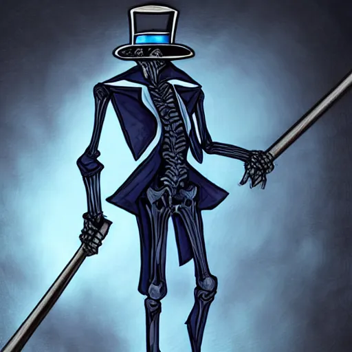 Image similar to DND character, skeleton, Tall skeletal figure, wearing a deep black suit and tie and top hat. golden cane in his right. Light blue flames envelop his whole body