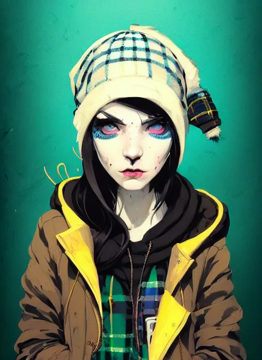 Image similar to highly detailed portrait of a sewer punk lady student, blue eyes, tartan hoody, hat, white hair by atey ghailan, by greg rutkowski, by greg tocchini, by james gilleard, by joe fenton, by kaethe butcher, gradient yellow, black, brown and cyan color scheme, grunge aesthetic!!! ( ( graffiti tag wall background ) )