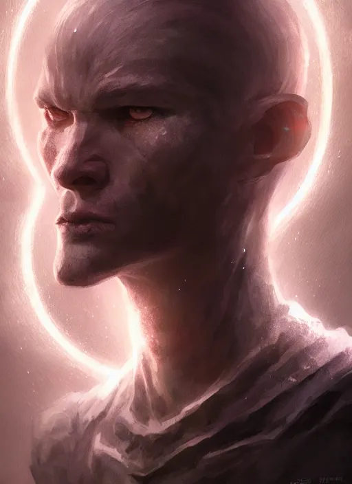 Prompt: Half-body portrait of a pale wise man who created the universe, wolf god. In style of Hyung-tae Kim and Greg Rutkowski, concept art, trending on ArtStation, over-detailed art, 8K, epic, dynamic lightning, dramatic pose.