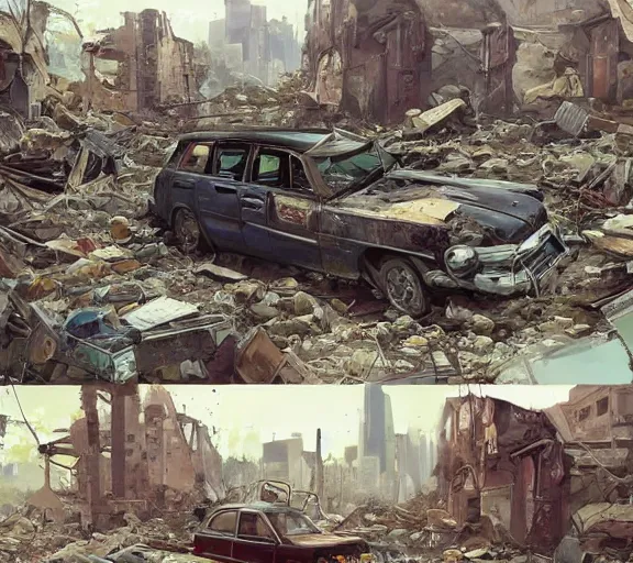 Image similar to an old-fashioned television, playing a sitcom, in a pile of rubble in the ruins of a house. Post apocalyptic, ruins, rubble, gloomy. By Makoto Shinkai, Stanley Artgerm Lau, WLOP, Rossdraws, James Jean, Andrei Riabovitchev, Marc Simonetti, krenz cushart, Sakimichan, trending on ArtStation, digital art.