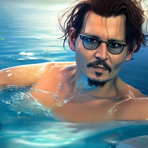 Image similar to johnny depp in a pool full of chip dip, ultra high detailed, oil painting, greg rutkowski, charlie bowater, yuumei, yanjun cheng, unreal 5, daz, hyperrealistic, octane render, rpg portrait, dynamic lighting