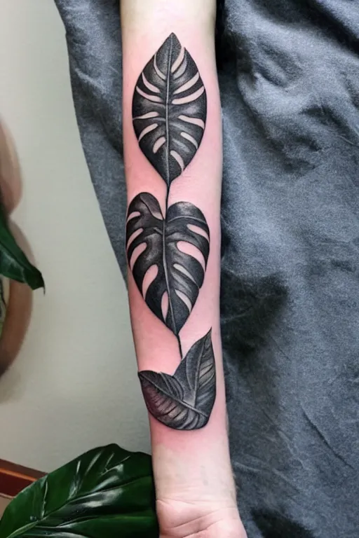 Image similar to tattoo of a monsters deliciosa leaf and a alocasia zebrina leaf