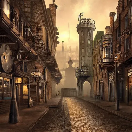 Image similar to steampunk city that looks like London 19th century, dawn, beautiful landscape