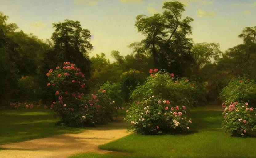 Prompt: a painting of a rose garden, hudson river school