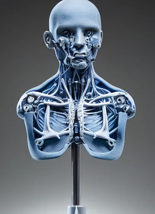 Image similar to a bust sculpture of anatomical detailed cyborg, blue blood ceramic base, orthographic, studio lighting