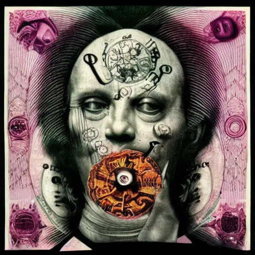 Prompt: post - punk new age album cover, asymmetrical design, dollar bank notes, capitalism, magic, apocalypse, psychedelic, black white pink, highly detailed, magic, giger h. r., in the style of giuseppe arcimboldo