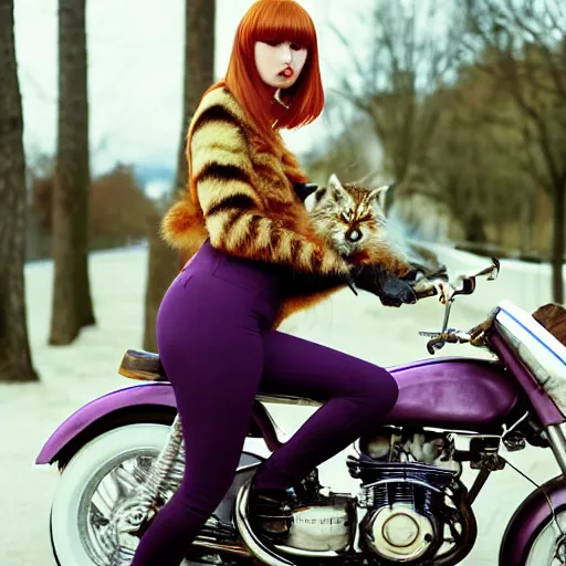 Image similar to a high - fashion photo of a slender beautiful woman with straight ginger hair and bangs, wearing purple leathers and gold helmet, posing with large ginger tabby and raccoon on a motorcycle in front yard, holding coffee mug and toasted brioche bun, fashion photography, dramatic lighting, 8 5 mm lens