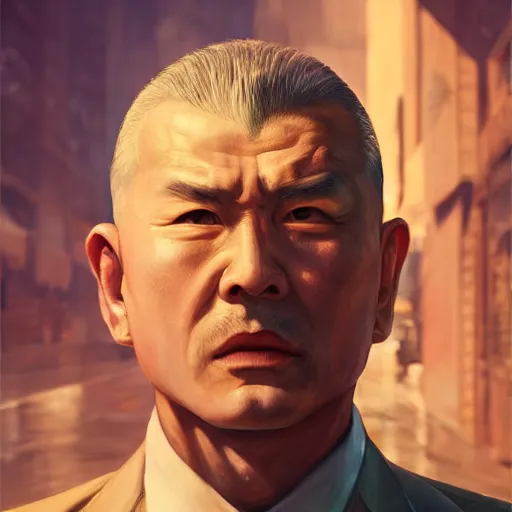 Image similar to portrait painting of a 4 0 - something mob boss, crew cut, fierce, like sun honglei by wenjun lin, irakli nadar, bright colors, octopath traveler, wenjun lin, unreal engine 5 highly rendered, global illumination, radiant light, detailed and intricate environment