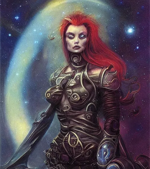 Image similar to portrait of female space pirate, night sky background, beautiful! coherent! by brom, by brian froud, deep color, strong line, high contrast