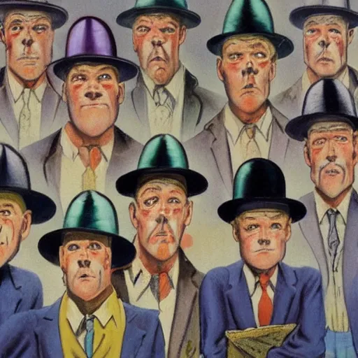 Image similar to A row of men in hats are standing, looking into the distance. the man in the centre is facing the front, looking downwards at his stomach by Frank Kelly Freas