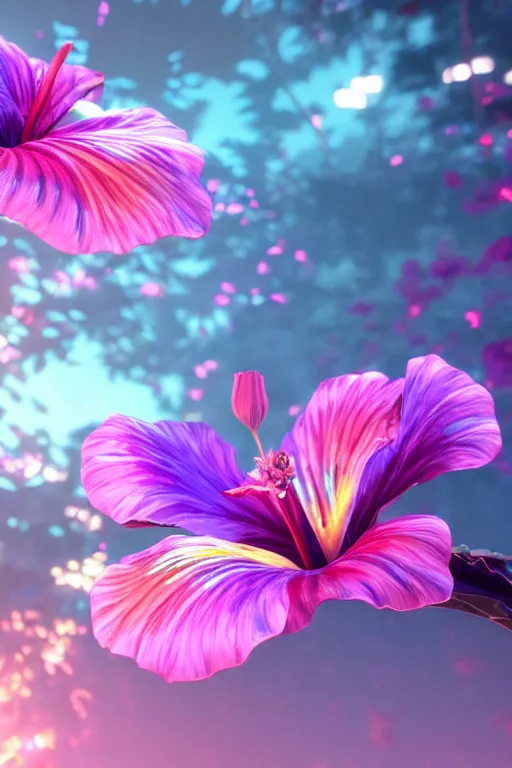 Image similar to an iridescent hibiscus by yusuke murata and makoto shinkai, 8 k, high resolution render, cinematic, unreal engine, featured on artstation, epic scale, volumetric lighting, ultra wide angle, intricate details, crystal, rainbow colors