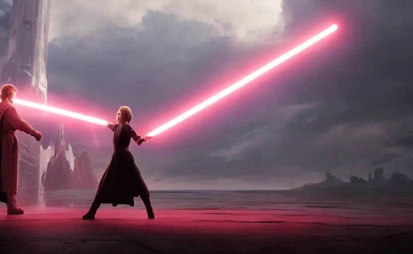 Prompt: iconic wide cinematic screen shot of luke skywalker dueling with a white robed female sith lord, standing with a view of coruscant at sunset, from the thrilling scene from the hbo succession, moody cinematography, foggy pink volumetric lighting, hyper detailed scene, anamorphic lenses 2 4 mm, lens flare, award winning