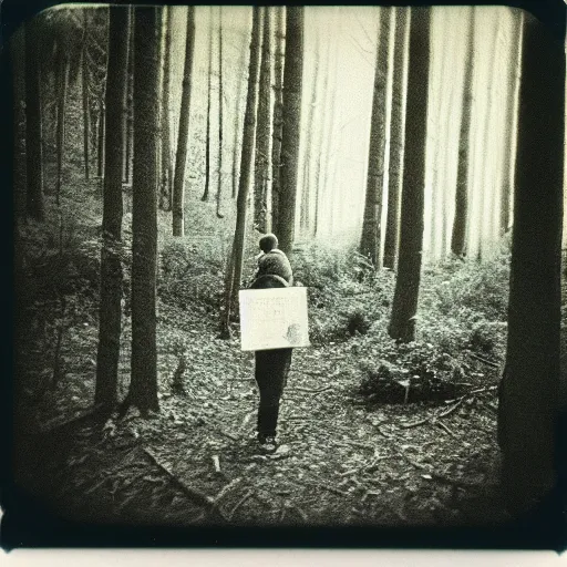 Prompt: Person in the woods, old polaroid photography, grainy film, black and white