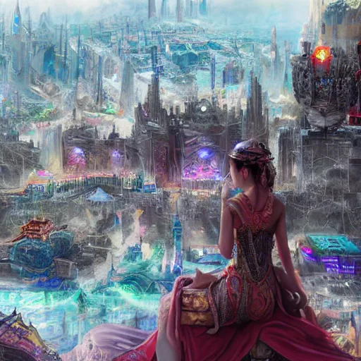 Image similar to concept art of an empress watching a fantasy city being built, highly detailed, digital art, illustration, artstation, very detailed, 4 k