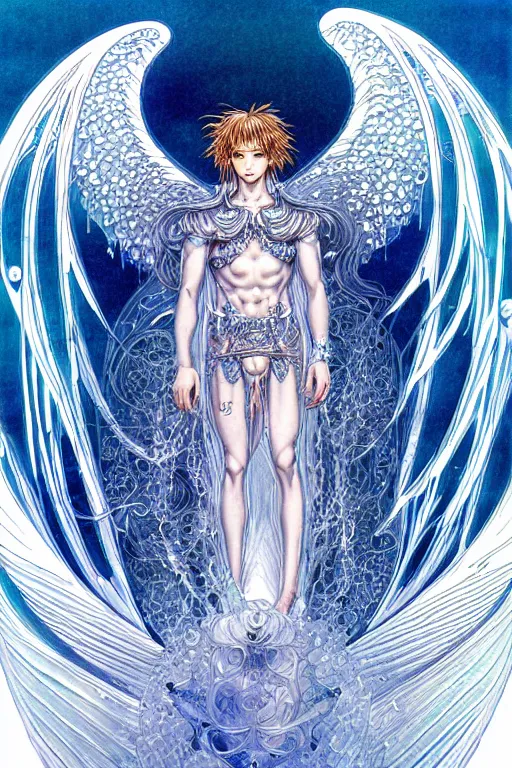 Image similar to illustration of a male angel encased in ice and crystals, intricate linework, in the style of moebius, ayami kojima, 1 9 9 0's anime, retro fantasy