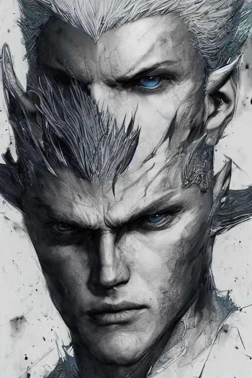 Image similar to Portrait of Vergil from DMC, pen and ink, intricate line drawings, by Craig Mullins, Ruan Jia, Kentaro Miura, Greg Rutkowski