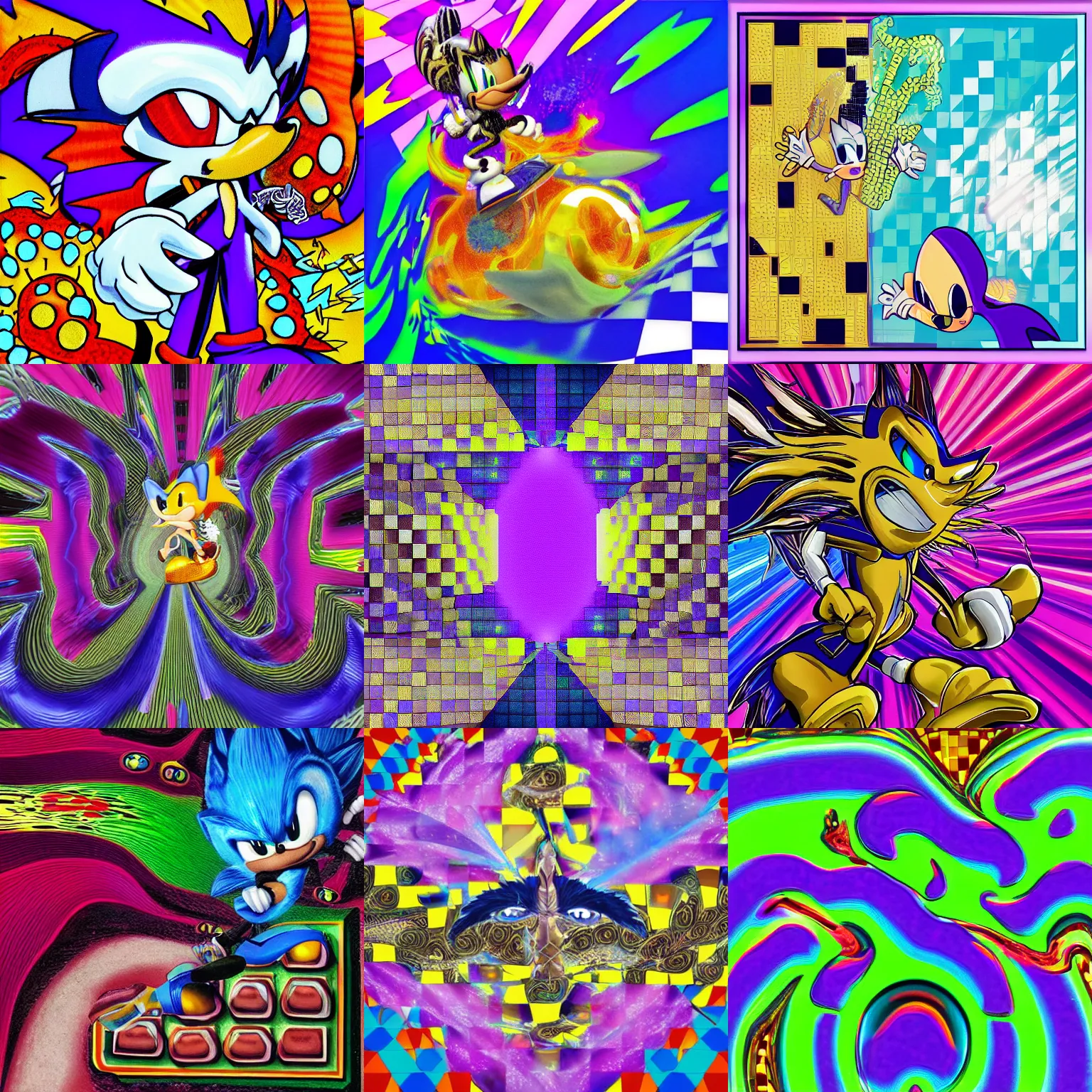 Prompt: unreal engine checkerboard plane, classic sonic in surreal, fractal, detailed professional, high quality portrait airbrush art MGMT album cover portrait of a liquid dissolving LSD DMT sonic the hedgehog surfing through cyberspace, purple checkerboard background, 1990s 1992 Sega Genesis video game album cover